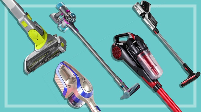 Five different stick vacuums on a teal background